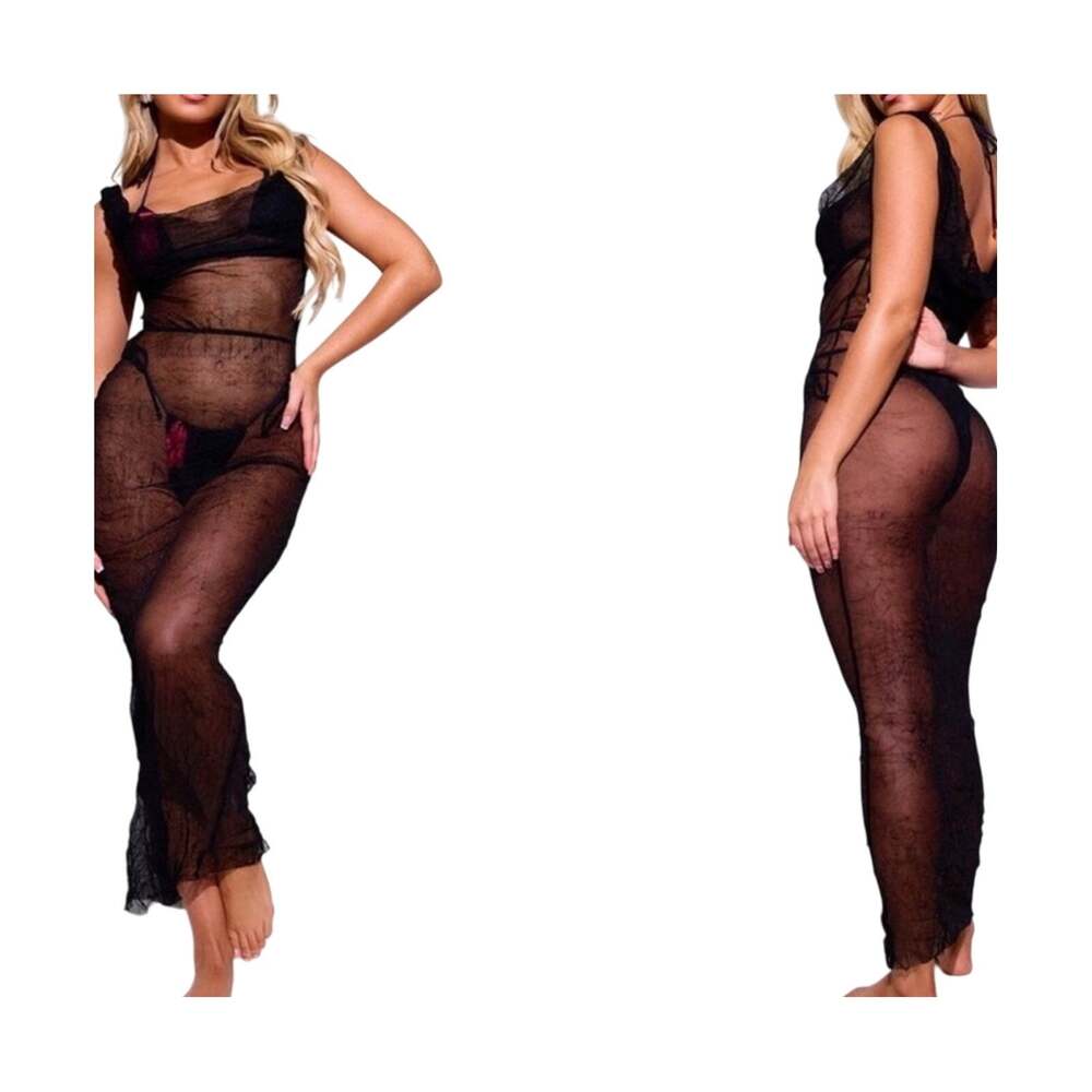 NWT PLT Black Sheer Mesh Cowl Neck Maxi Dress US 0 Resortwear Vacation